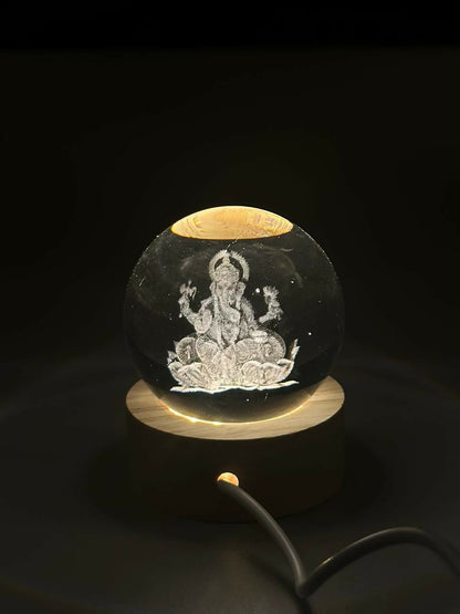 3D Crystal Ganesha LED Night Lamp Crystal Ball Night Lamp,Creative Engraved Crystal Ball Night Light, USB Table LED Wooden Crystal Ball for Home Office Decoration Birthday Gift Adults, Ganesh Ganesha